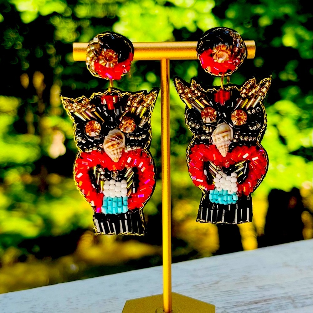 Beaded Red Owl Statement Earrings